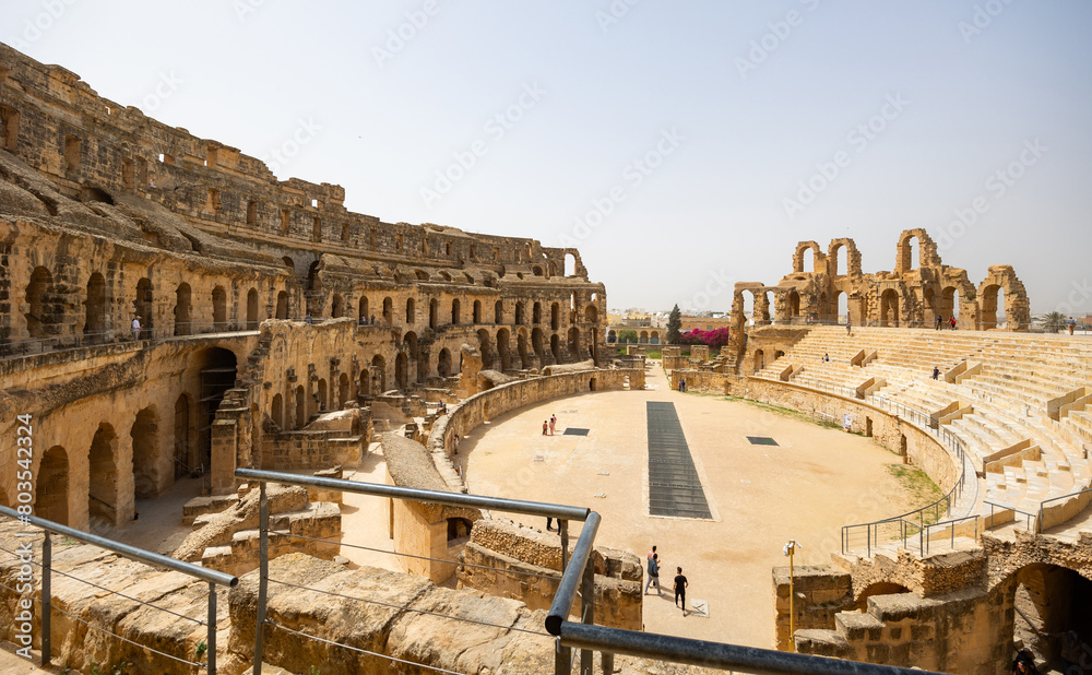 Impressive ruins of the largest colosseum in North Africa, huge Roman amphitheater in the small village of El Jem, Tunisia