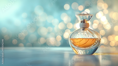 Stylish bottle with perfume on a light gentle background