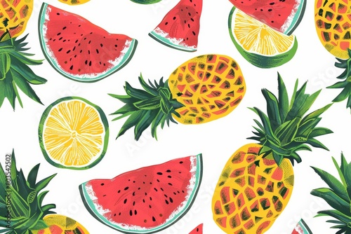 Summer fruit wallpaper pattern. Tropical fruits  watermelon  pineapple and leaves on white background.