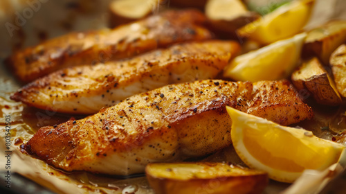 deliciously roasted fish fillets with herbs and potatoes on baking sheet