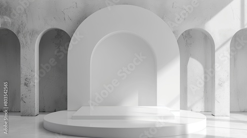 This is a 3D rendering of a white marble podium with a large curved cutout in the back and smaller ones on either side. There is a spotlight shining down on the podium from the upper right corner of t