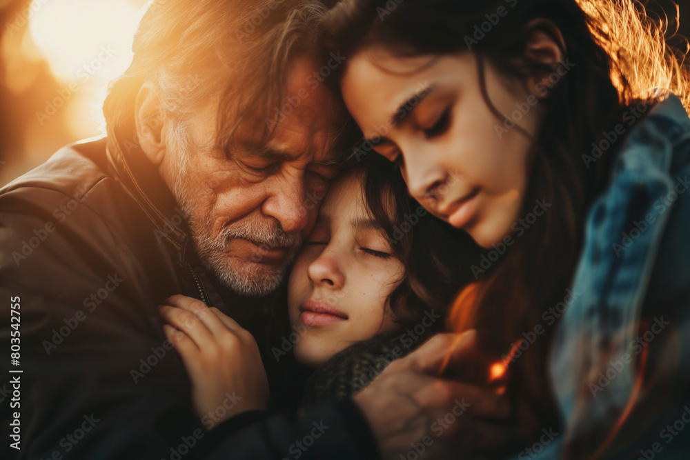Funeral concept. Crying family and child hug grandmother for support, mourning depression and death at emotional burial event Funeral concept. Crying family and child hug grandmother for support, mourning depression and death at emotional burial event