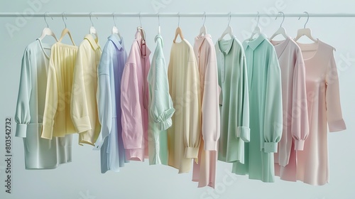 A row of 9 pastel-colored shirts on hangers against a white background. The colors of the shirts are pink, yellow, cream, mauve, blue, green, peach, and lavender.