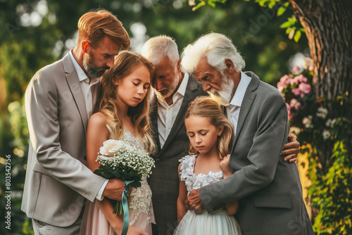 Funeral concept. Crying family and child hug grandmother for support, mourning depression and death at emotional burial event