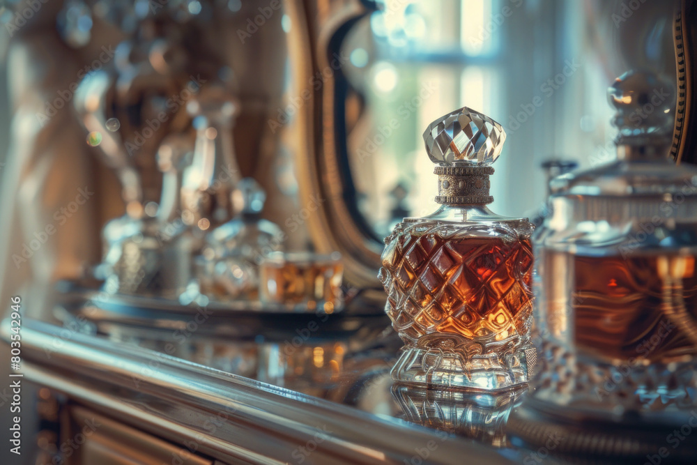 Elegant perfume bottle on a vanity table Elegant perfume bottle on a vanity table
