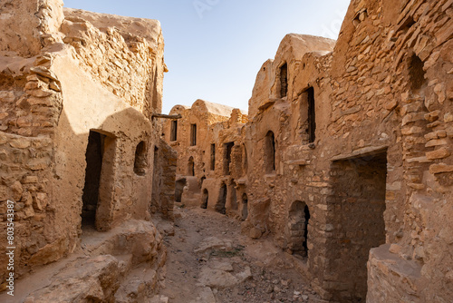 Unoccupied courtyard and house territory in ancient village of Berbers. Gsar of Mgabla, Tatahouine. Traditional type of Arab Muslim village in North Africa. Legacy of past, preserved to present day.