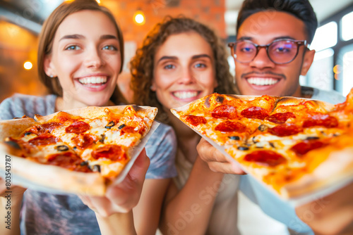 Group of friends multiracial young people eating pizza cheerful on weekend home party together