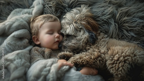 sleeping baby in furs with his beloved friend