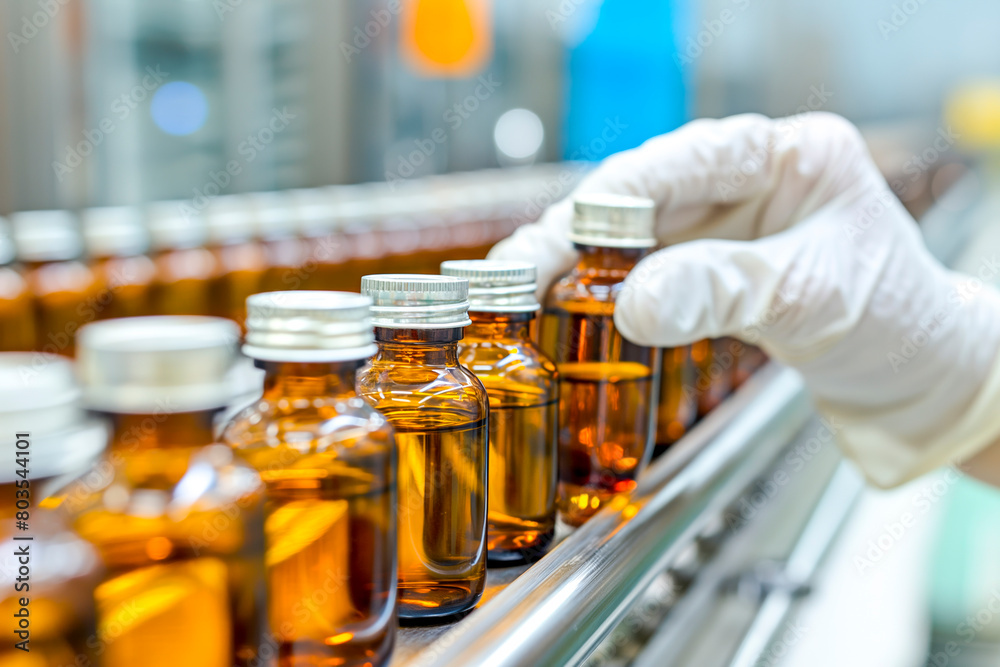 Hands of staff check Medical vials on production line at pharmaceutical factory. Healthcare and medical concept Hands of staff check Medical vials on production line at pharmaceutical factory. Healthcare and medical concept