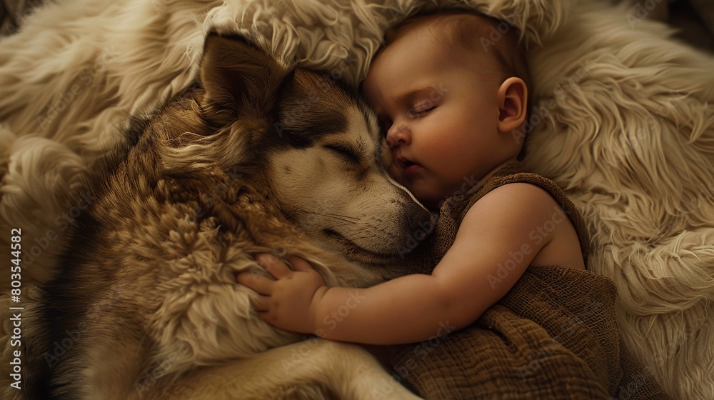 sleeping baby in furs with his beloved friend sleeping baby in furs with his beloved friend