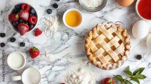A still life photography featuring a table adorned with bowls of fruit, eggs, flour, and a pie. This composition showcases the ingredients for a delicious recipe AIG50