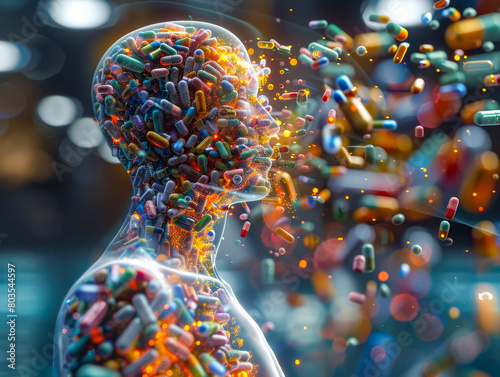 Stunning 3D visualization of a human head and shoulders enveloped by a vibrant storm of assorted medications, highlighting pharmaceutical impact. photo