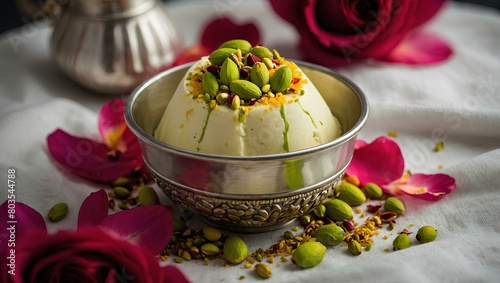 A creamy Indian kulfi in a silver bowl, garnished with saffron strands and crushed pistachios, on a bed of rose petals.