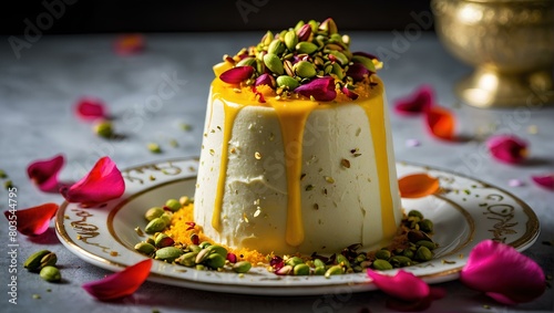delectable kulfi dessert garnished with saffron, crushed pistachios, and rose petals.