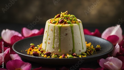 delectable kulfi dessert garnished with saffron, crushed pistachios, and rose petals.