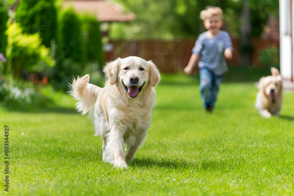 Happy family playing with happy golden retriever dog on the backyard lawn
