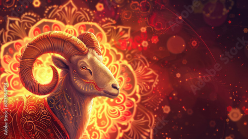 A ram painted with fiery drawings. Religious feast of sacrifice eid al-adha