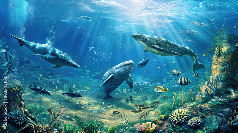 Obraz premium Fish, sharks and whales on the seabed. World Ocean Day. Protection of aquatic life