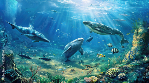 Fish, sharks and whales on the seabed. World Ocean Day. Protection of aquatic life