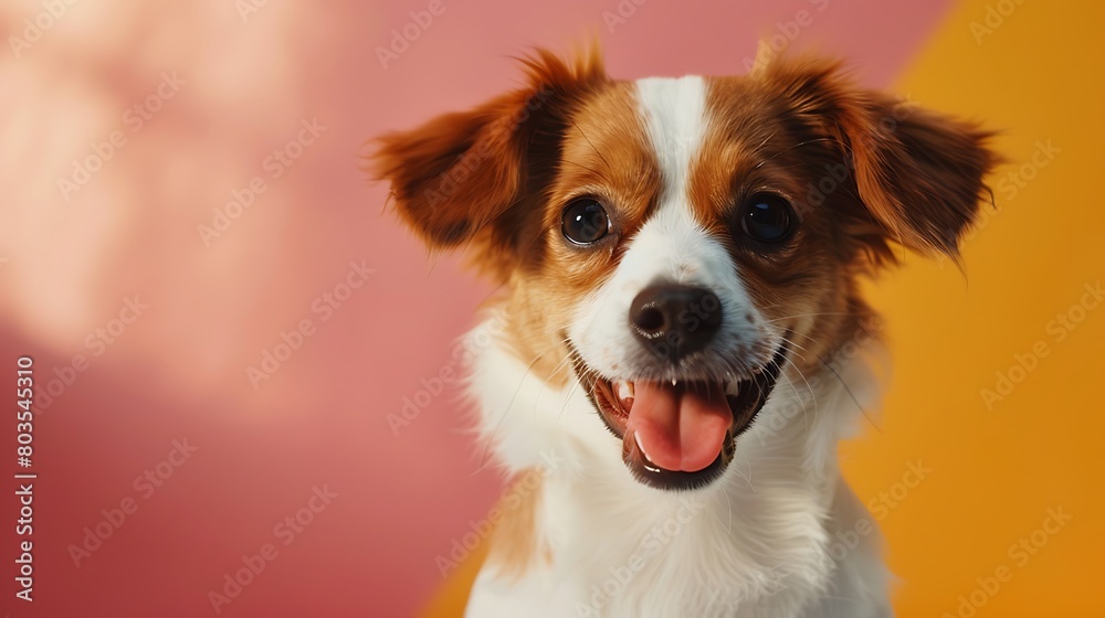 Close-up photo of a happy dog on a pastel background