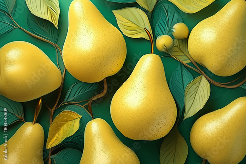 Emerald Canvas Adorned with Golden Delights: Yellow Pears with Vibrant Leaves