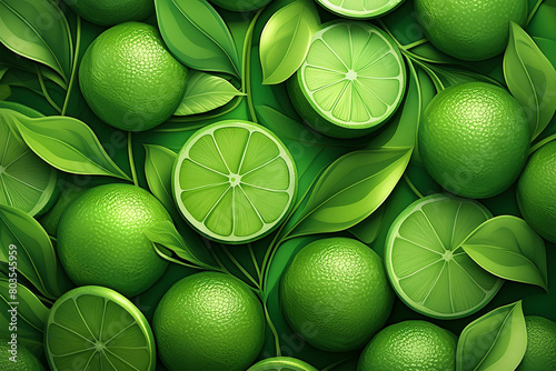 Emerald Canvas Adorned with Zesty Lime Delights: Green Limes with Vibrant Leaves