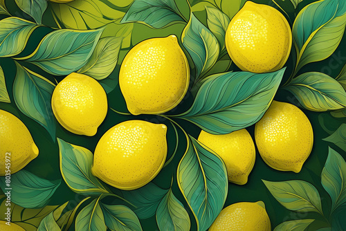 Emerald Canvas Adorned with Zesty Delights: Yellow Lemons with Vibrant Leaves