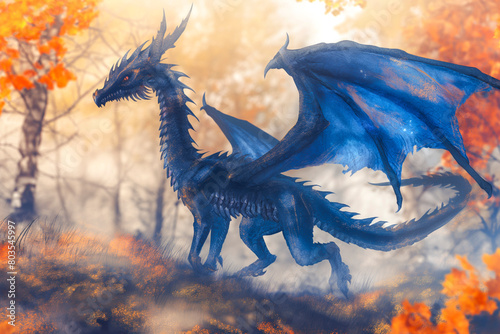 Image of a mythical creature (Dragon) exploring a magical forest