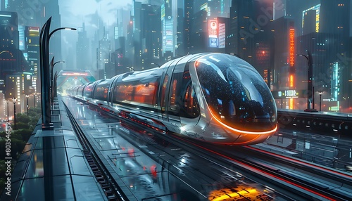 Efficient transportation, futuristic trains merging with cityscape