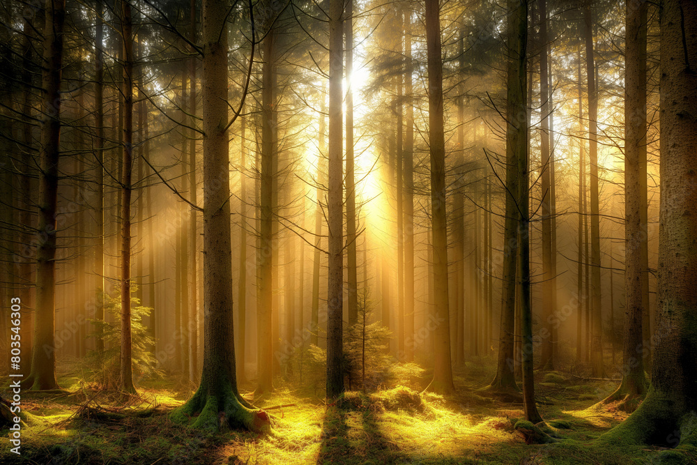 Peaceful forest with sunlight streaming through the trees Peaceful forest with sunlight streaming through the trees