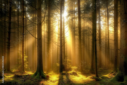 Peaceful forest with sunlight streaming through the trees