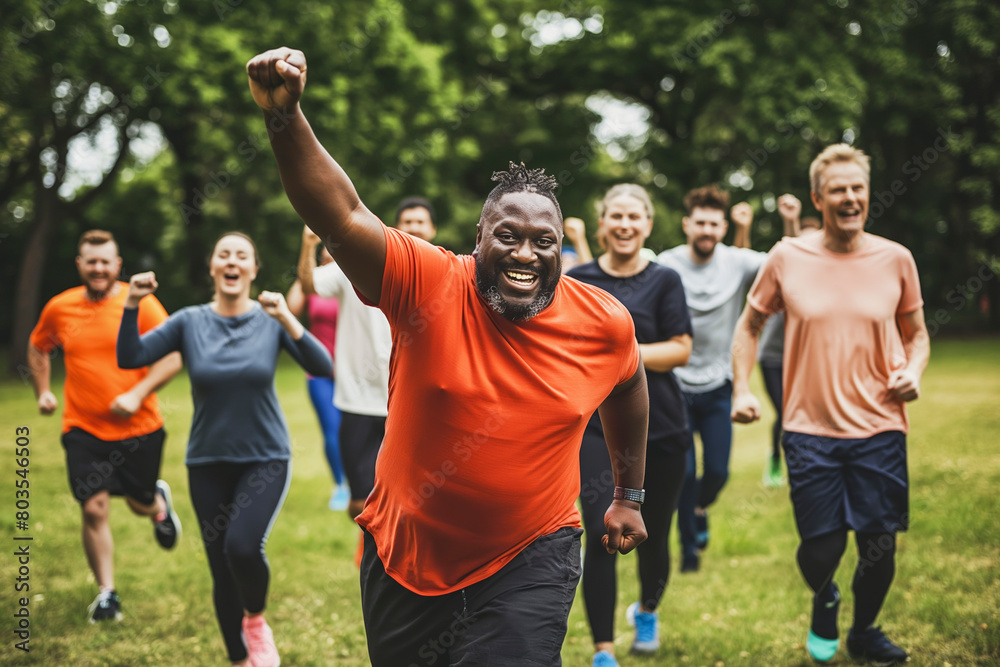 Diverse group of people exercising outdoors in a park Diverse group of people exercising outdoors in a park