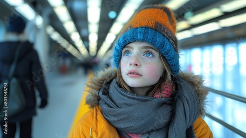 A young girl wearing a blue and orange hat and scarf stands in a train station © Dionisio