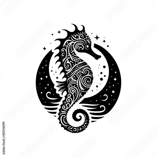 Seahorse silhouette in bohemian, boho, nature illustration