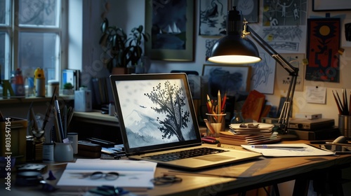 Laptop on an artist's workspace, amidst sketchbooks and creative tools © Ammar