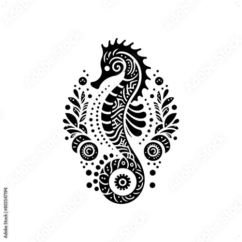 Seahorse silhouette in bohemian, boho, nature illustration