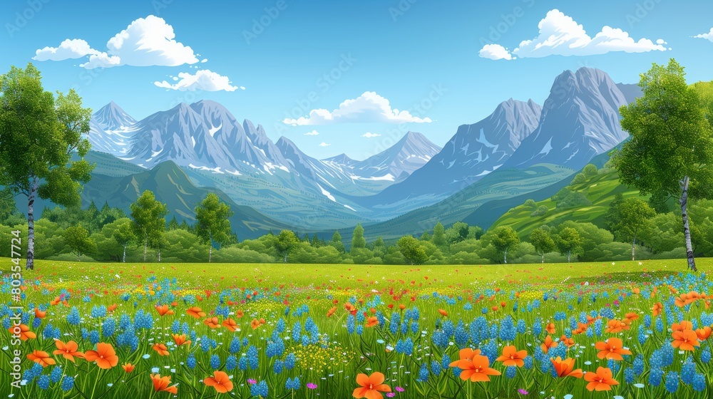 Fototapeta premium Anime style mountains with gradient colorful flower field landscape landscape, spring meadow with flowers and tree blossom with sky in nature background