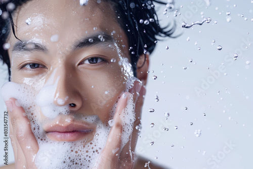 顔を洗うアジア人男性、美容、メンズビューティー