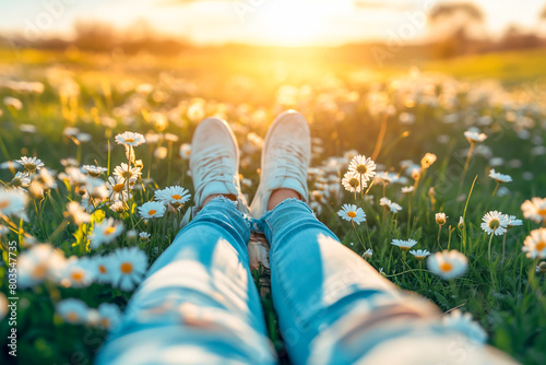 Legs of relaxing girl lying on the spring blooming meadow