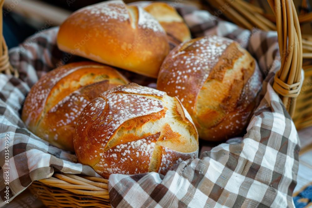 Basket of freshly baked bread with a checkered cloth Basket of freshly baked bread with a checkered cloth