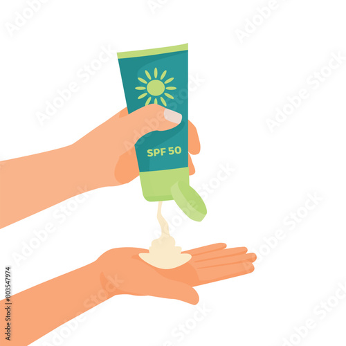 Hand applying sunscreen cream lotion