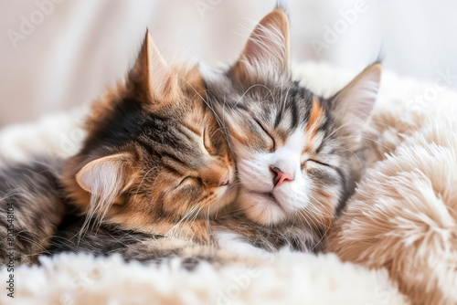 Lovely cat couple sleeping together hug on white fluffy bed. Valentine s Day celebration concept