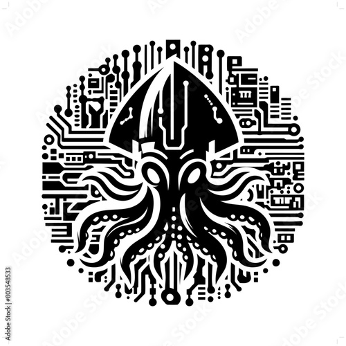 Squid silhouette in animal cyberpunk, modern futuristic illustration
