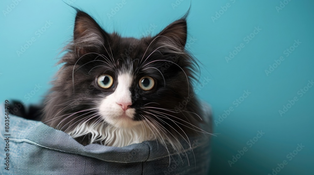 Long-haired black and white cat behind of bag on blue background