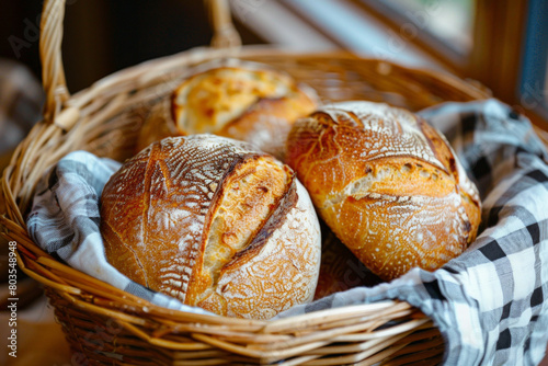 Basket of freshly baked bread with a checkered cloth