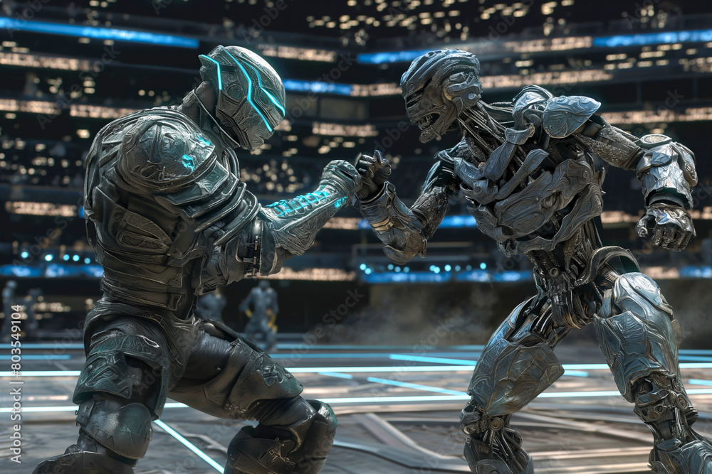 Naklejka premium Two futuristic robots engaged in a combat scene on a digitally enhanced platform with a cityscape background.