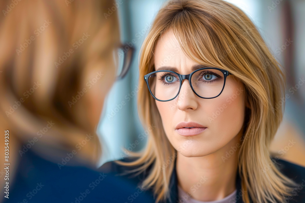 Middle aged professional business woman executive HR manager having job interview or business discussion in corporate office meeting Middle aged professional business woman executive HR manager having job interview or business discussion in corporate office meeting