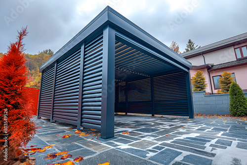 Modern steel carport in a family home. Modern house in the back