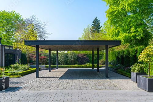 Modern steel carport in a family home. Modern house in the back