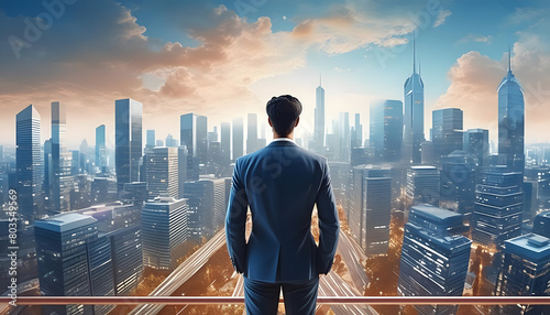 A successful man in a business suit looking at a big city from above